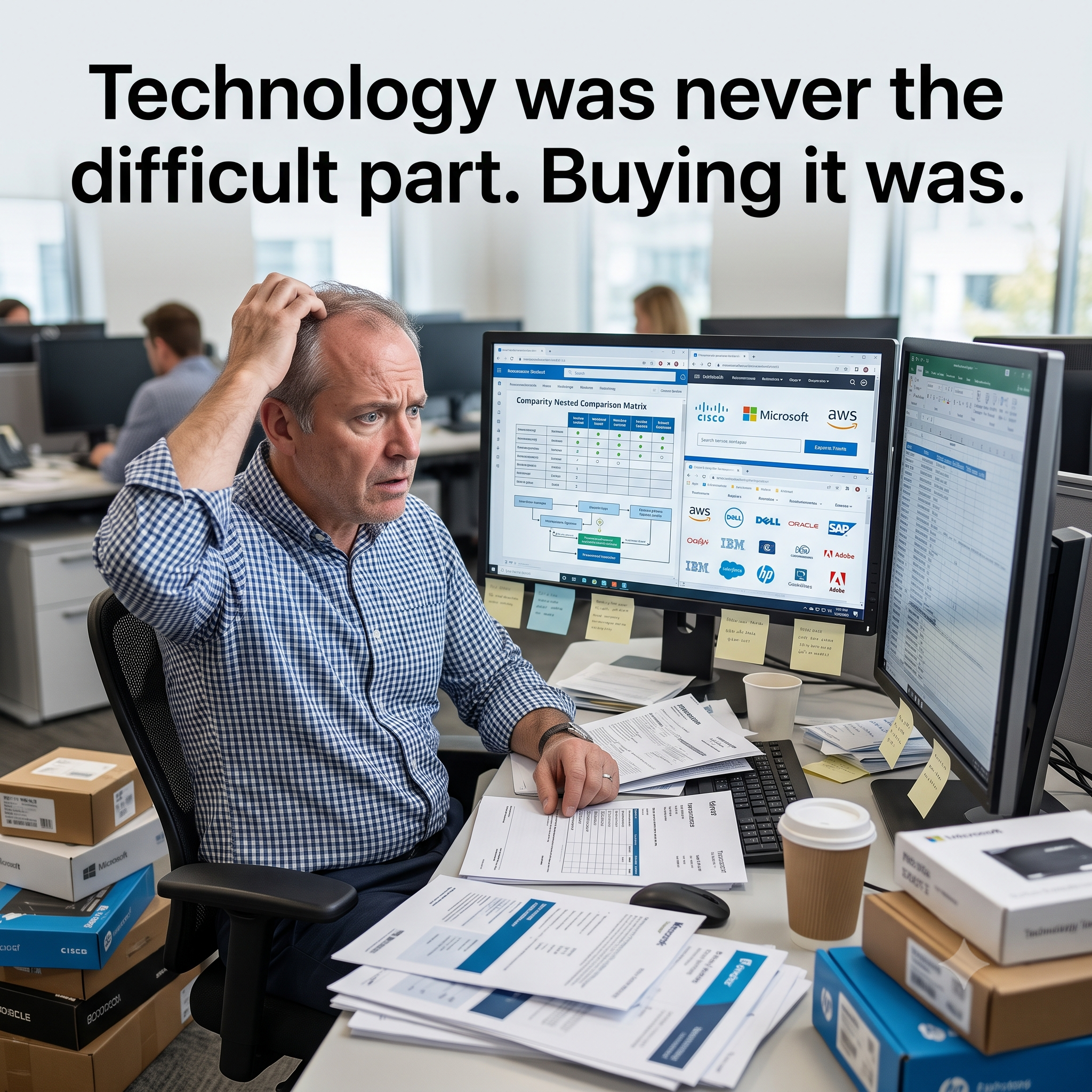 A business buyer overwhelmed by disconnected vendors, quotes and paperwork